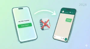 Smartphone illustration showing how to send WhatsApp message without saving number directly, bypassing the contacts book in 2026.