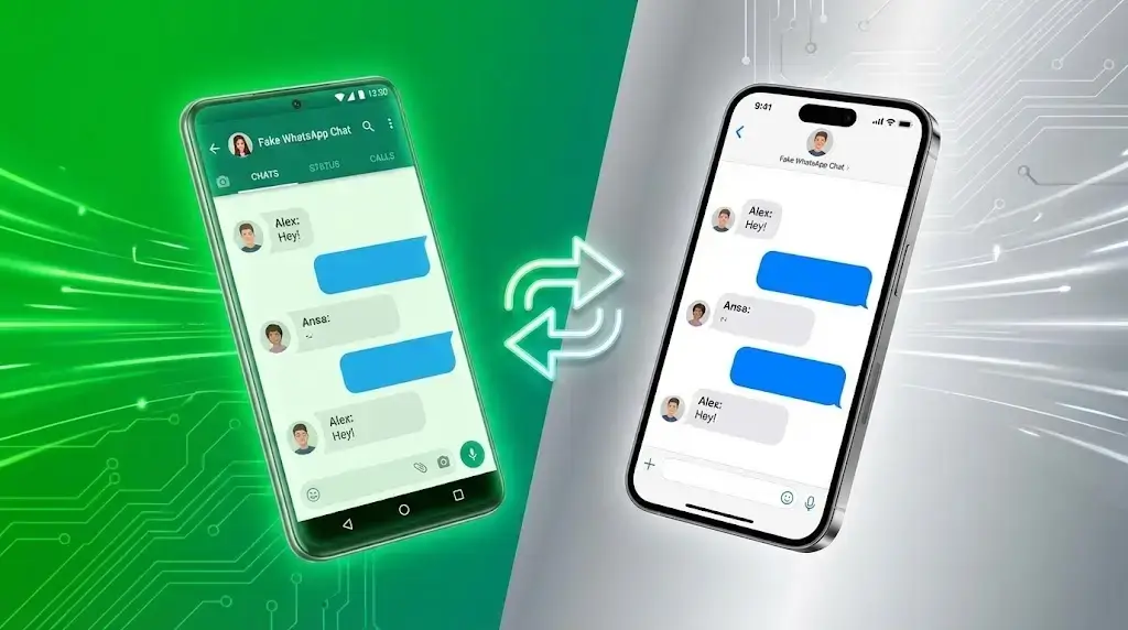 Fake WhatsApp Chat Generator tool showing Android and iPhone chat layouts.