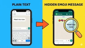 Smartphone screen displaying a locked WhatsApp message bubble with binary code background.