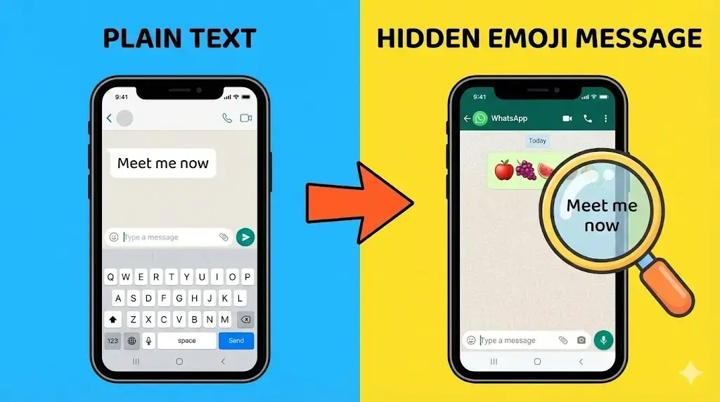 Smartphone screen displaying a locked WhatsApp message bubble with binary code background.