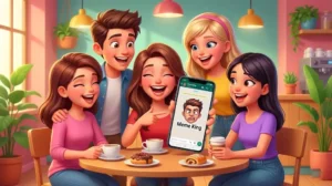 Group of friends laughing at a smartphone screen showing a funny meme sticker of their friend.