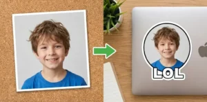 Before and after comparison of a normal photo converted into a WhatsApp sticker with white border.