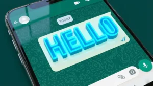 WhatsApp Blue Text Generator tool showing blue font output in a chat bubble