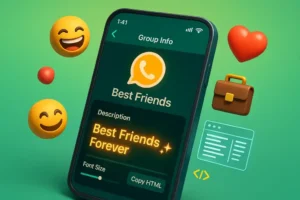 WhatsApp Group Description Generator tool showing categories for friends, family, and business