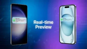 WhatsApp message preview tool showing Android and iPhone lock screen notifications with custom wallpaper